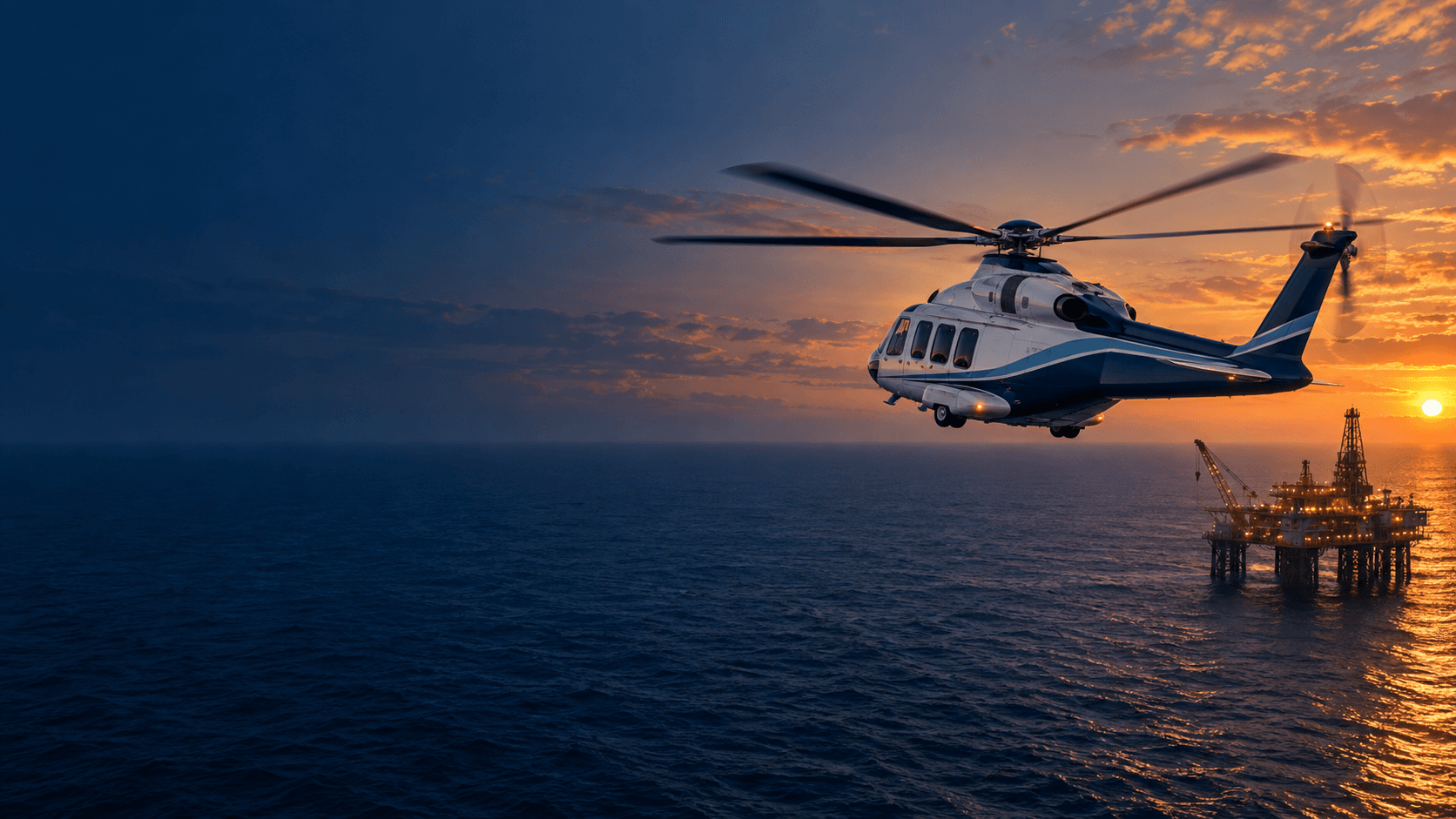 Ilustração de helicóptero em operação offshore, sem identificação de empresa